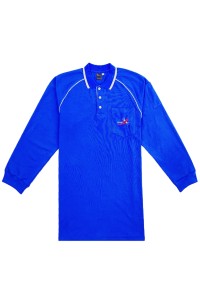 訂做藍色長袖男裝Polo恤  設計白色包邊左前胸袋口繡花 印花 撞色胸筒Polo恤  Polo恤供應商  新加坡 物流 P1415